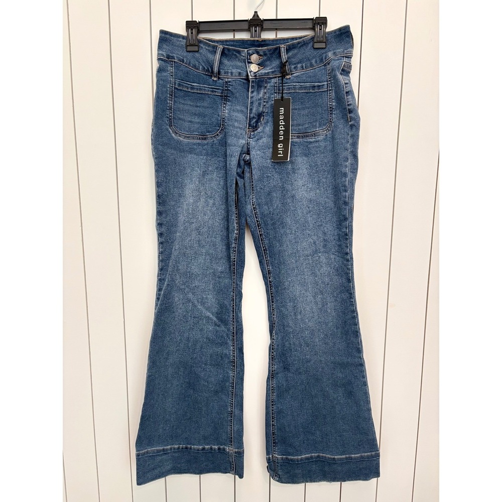 Retro Flare Jeans Women‎ 11 Blue Mid Rise Patch Pocket Boho Y2K